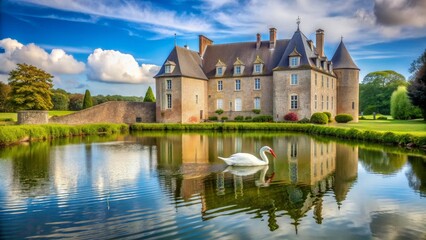 Historic Ch?teau des Ravalet with a swan in the pond in Cotentin, Normandie, France , Ch?teau des Ravalet, swan, pond