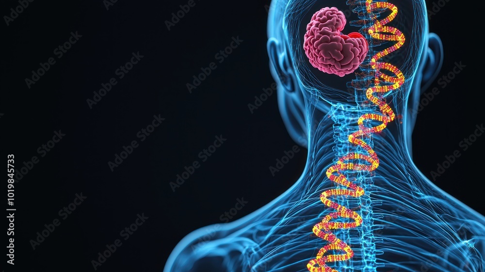Poster exploring the connection between dna, the brain, and the human spine a journey into neuroscience
