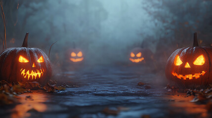 Carved pumpkins with glowing eyes stand in a misty forest path.  Spooky Halloween scene.