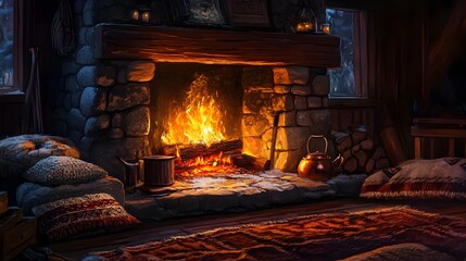 Cozy Winter Evening in a Rustic Cabin Fireplace with Warm Flames and Comfortable Furnishings
