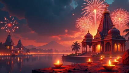 Obraz premium Royal Dussehra Background Depicting Indian Temples with Firecrackers Lighting Up the Sky and Diyas Glowing Below