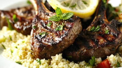 Grilled lamb chops served with a side of couscous salad, garnished with fresh mint and lemon slices, evoking a Mediterranean feast