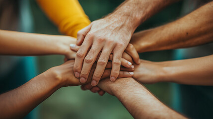 
A group of multiethnic hands holding each other in support and unity. The concept of teamwork, community, or friendship