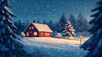 Fototapeta premium Cozy Winter Cabin in Snowy Forest Landscape with Illuminated Christmas Tree and Starry Night Sky
