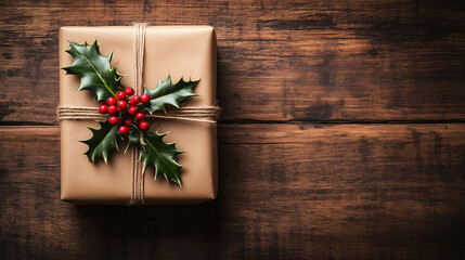 Rustic Christmas Gift Wrapped in Brown Paper with Holly and Twine on Wooden Table - Made with Generative AI