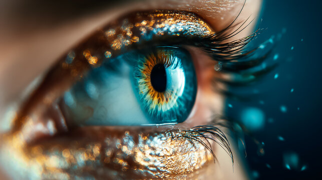 A mesmerizing blue eye glistens with golden shimmer, revealing striking details of its iris. The enchanting sparkle creates an artistic blend of colors, drawing the viewer into its depths