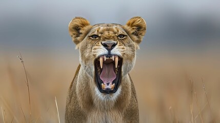 Obraz premium A Close-Up of a Roaring Lioness with its Mouth Open