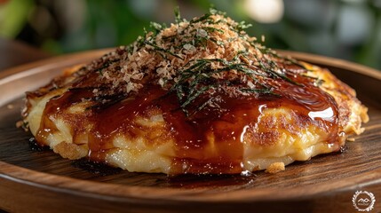 Okonomiyaki pancake with crispy edges, topped with bonito flakes and nori, drizzled with sauce and creamy mayonnaise, served on a wooden plate
