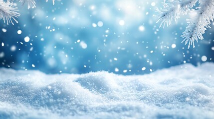 Naklejka premium Serene blue winter wonderland with falling snowflakes and snow-covered landscape