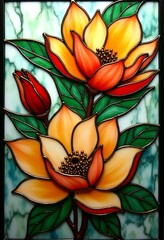 Stunning 3D Stained Glass Design of Magnolia Flowers in Vibrant Orange, Yellow, Red, and White, Set Against a Marbled Green, White, and Blue Background with Intricate Details and Bright Gold Lines 