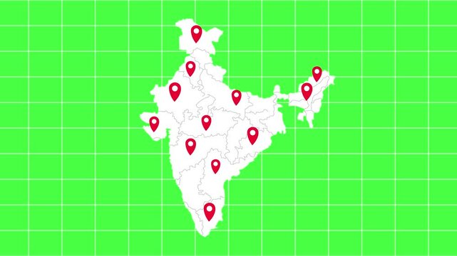 India location. Indian location animation loop with red location marker jumping on Indian map in Indian flag colors in flat design style with green background, white background, alpha channel