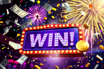 Big Casino Win - 'You Win!' Sign with Flying Dollar Bills and Coins.generative AI