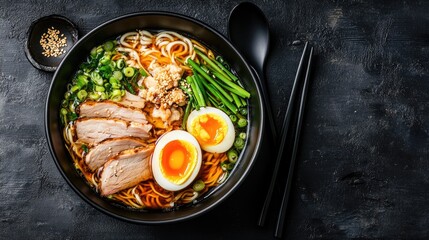 Ramen bowl with rich tonkotsu broth, served with sliced pork, soft-boiled egg, and green onions, garnished with sesame seeds