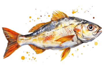 A beautifully illustrated fish with vibrant colors on a splattered background, perfect for culinary themes.
