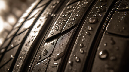 Close-up of wet tire tread with water droplets