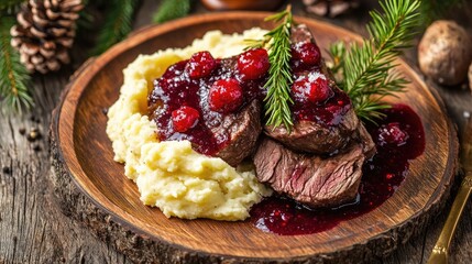reindeer served with creamy mashed potatoes and lingonberry sauce, presented on a rustic wooden plate, capturing a traditional Lappish meal
