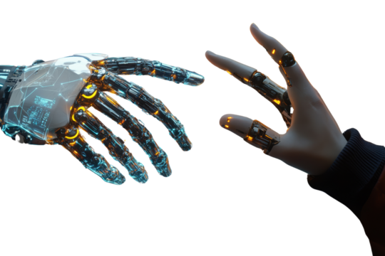 A robotic hand reaching out to connect with a human hand, symbolizing the synergy between technology and humanity.