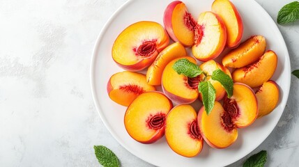 Sliced peaches arranged neatly on a white plate, showcasing their juicy flesh and vibrant color, with a few mint leaves as garnish for a fresh summer feel
