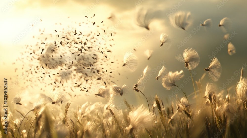 Sticker Fluffy White Seeds Dispersing In Golden Light