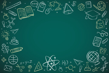 Back to school educational background template. Green chalkboard frame with hand-drawn science and math doodle icons. Copy space layout for teacher presentation, student banner, and classroom poster. © 365 days studio