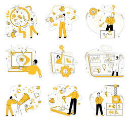 Project management. Multiple characters engaging in brainstorming, data analysis, and strategic planning. Ideal for team collaboration, workflow optimization, task coordination, data analysis