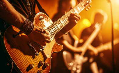 Obraz premium Musician playing electric guitar on stage with warm lights