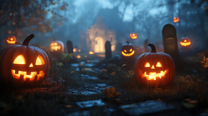 Enchanting Halloween scene featuring glowing jack-o'-lanterns on a spooky path, surrounded by mist and ancient grave markers.