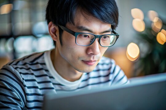 A man wearing glasses is looking at a laptop computer
