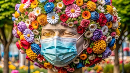 Fototapeta premium Pandemic flower sculpture made of face masks on display, pandemic, flower, sculpture, face masks, display