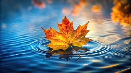 Autumn maple leaf floating on water surface with ripples