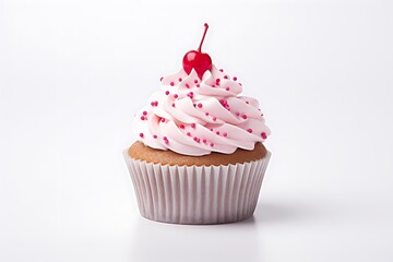 Cupcake with cherry on white background