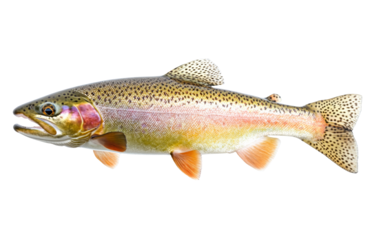 A vibrant trout fish with colorful scales, isolated on a white background.