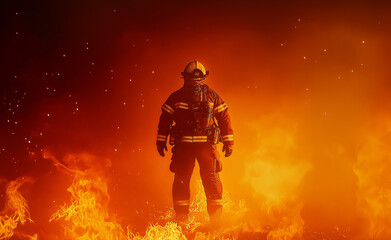 Firefighter standing in front of a large blazing fire at night.