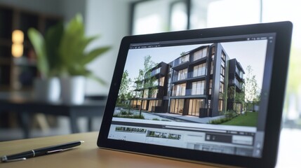 Modern Apartment Building Design on Tablet Screen