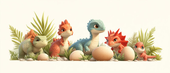 Naklejka premium Adorable baby dinosaurs hatching in a lush environment, wallpaper for kids