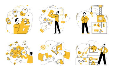 Project management. Depicts team members collaborating on tasks, organizing schedules, constructing projects, brainstorming, and analyzing data. Ideal for teamwork, planning, construction