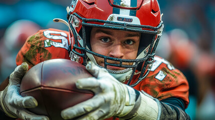 American football player in full gear, holding a football during a game
