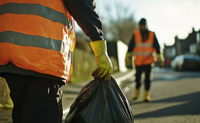 Obraz premium Sanitation workers in reflective vests holding garbage bags on a city street during sunrise.