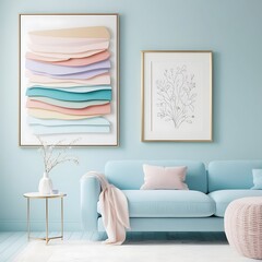 scandinavian interior design of modern living room with colorful multicolored furniture.  with wall art