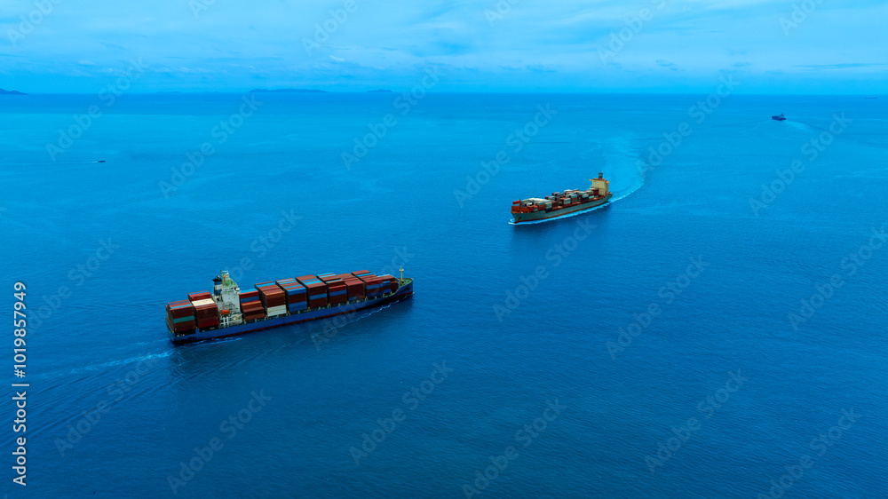 Wall mural aerial view of the freight shipping transport system cargo ship container. international transportat