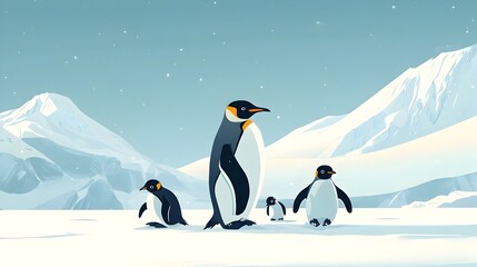 Fototapeta premium Penguins Huddled in a Serene Arctic Landscape Under a Starry Night Sky