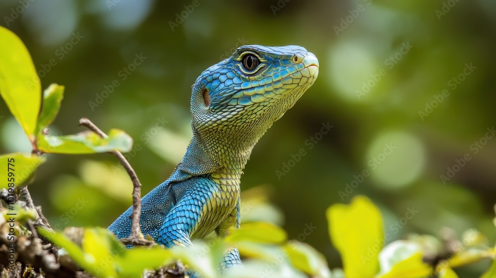 Canvas Prints Blue Lizard Perched Among Lush Green Foliage