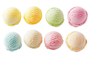 Colorful ice cream scoops arranged in a row, showcasing a variety of flavors on a white isolate background.