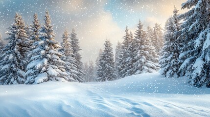 Naklejka premium Snowfall in a winter forest: beautiful landscape with snow-covered fir trees and snowdrifts, perfect for merry christmas and happy new year greetings, winter fairytale with copy-space