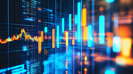 Digital stock market data displayed on futuristic screens against a cityscape.