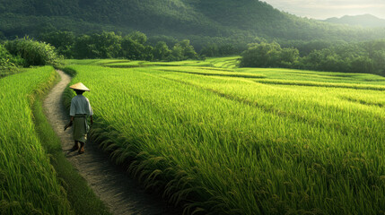 Fototapeta premium tranquil farming scene with farmer walking through lush green rice fields, surrounded by mountains and trees, evoking sense of peace and connection to nature
