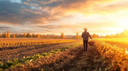 Fototapeta premium tranquil farming scene with person carrying basket, walking through golden field at sunset. warm light creates peaceful atmosphere, highlighting beauty of nature