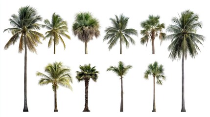 Set of various palm trees on white background