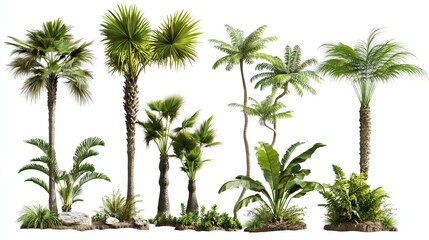 Set of various palm and tropical trees on white background