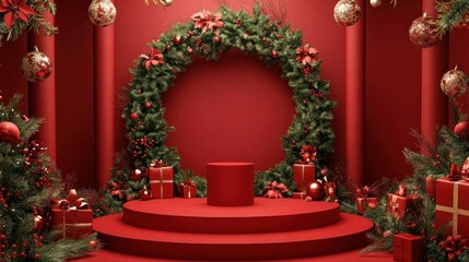Fototapeta premium Christmas Festive Display with Red Podium and Decorations